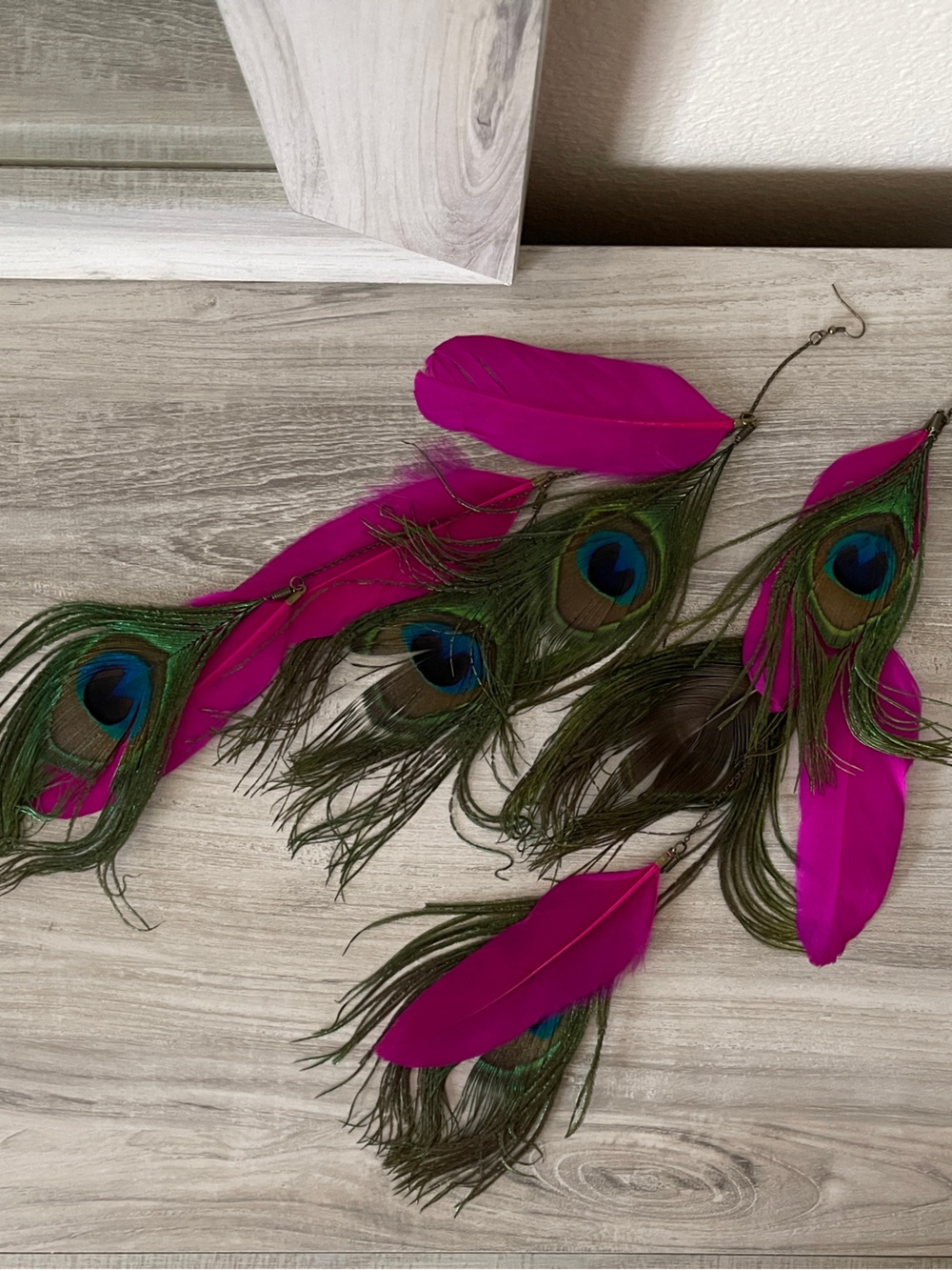 Pink Peacock Feather Earrings 15”